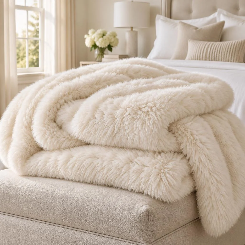 Creamy Ivory Dreamer Blanket’s richly plush texture, folded on a linen ottoman